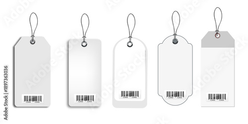 Blank Price Tags Set with Barcode Isolated on White Background, Empty Product Price Tag Labels Collection Isolated, Retail Price Tags Mockup Set with Barcode