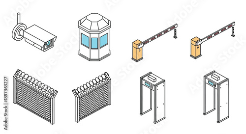 Isometric security system elements including cameras barriers and fencing