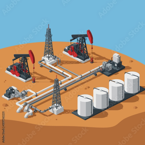 Oil extraction and storage facility with pump jacks and tanks.