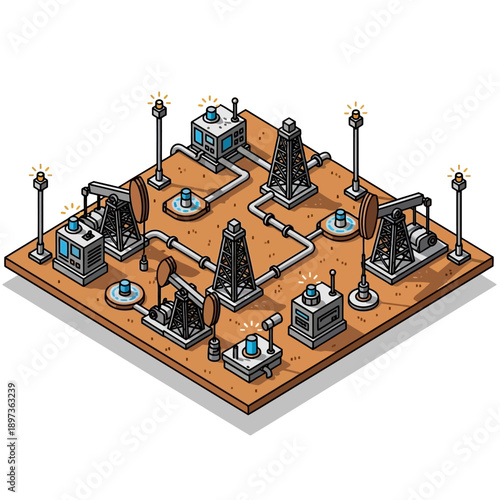 Oil extraction facility with multiple pump jacks and pipelines.