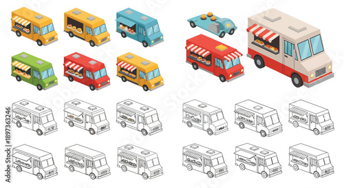 Colorful isometric food trucks and their line art counterparts displayed
