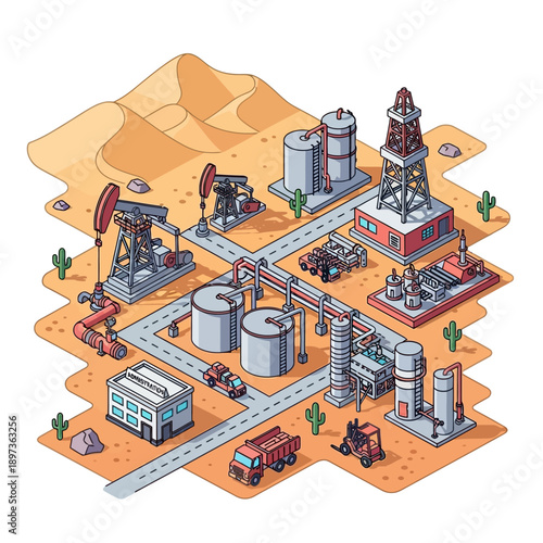 Oil extraction and refining industrial complex in a desert landscape.
