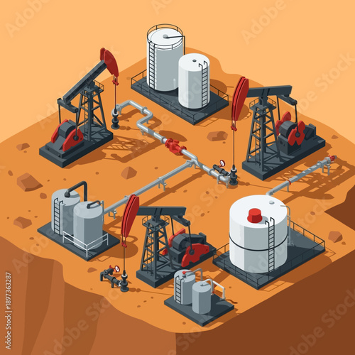 Oil Extraction Pumpjacks and Storage Tanks in Industrial Landscape.