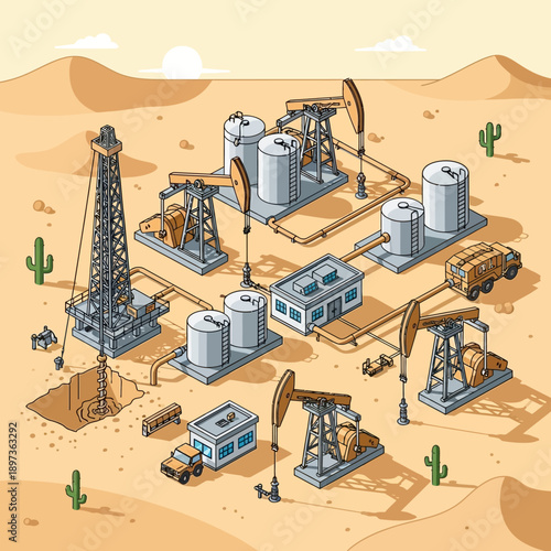 Oil field with derricks, pumpjacks, and storage tanks in a desert landscape.