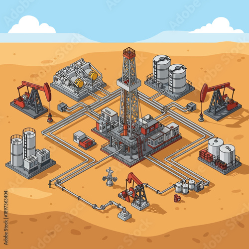 Oil Rig and Pumping Jacks in Industrial Landscape.