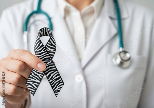 Doctor Holding Zebra Black-and-White Rare Disease Awareness Ribbon with Teal Stethoscope in High-Key Clinical Setting