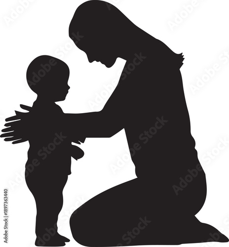 Mother comforting child vector illustration, mom kneeling to talk with kid, emotional support