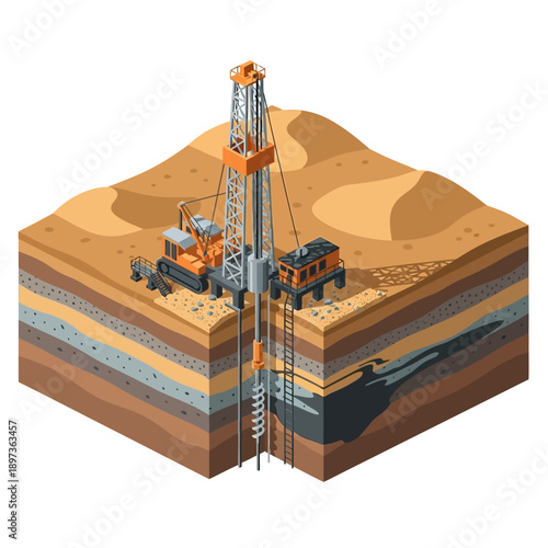 Oil Rig Drilling Operation in Cross-Section View.