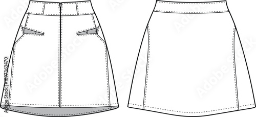 Women a line skirt technical flat design showing front and back views with pockets and waistband for fashion apparel mockup template