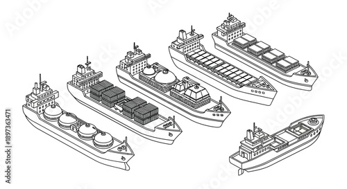 Line drawing of various cargo ships and tankers at sea