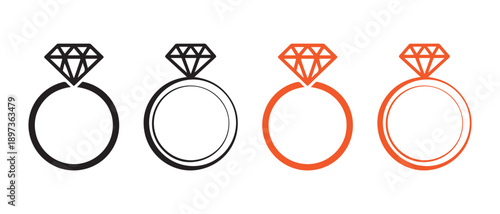 Diamond Engagement Ring Icons. Elegant Jewelry Symbols for Love, Marriage, and Luxury - Black, White, Orange Styles.