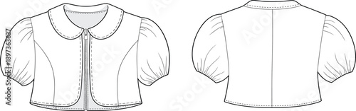 Women cropped blouse technical flat design showing front and back views with puff sleeves and collar for fashion apparel mockup template