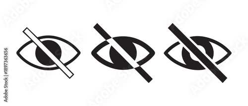 Set of black eye icons. with a diagonal line through them, symbolizing no watching, privacy, or blocked view..