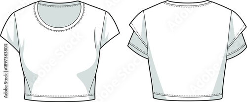 Women cropped t shirt technical flat design showing front and back views of short sleeve casual top for fashion apparel mockup template