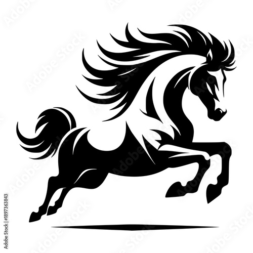 Majestic Horse Silhouette: An elegant, black and white silhouette of a powerful horse in mid-leap. The image captures the dynamic energy of this animal. 