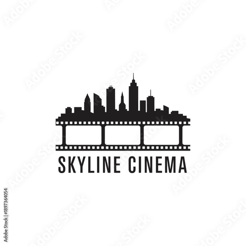 City skyline silhouette on film strip icon for movie production studio or entertainment theater company branding logo of SKYLINE CINEMA