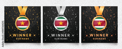 Celebrate Suriname's victory with this premium set of gold, silver and bronze winner medals featuring the national flag design, set on a dark background with festive confetti and sparkles