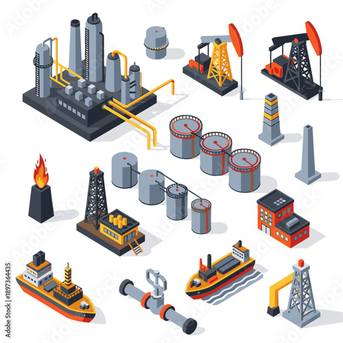 Oil Refinery and Drilling Equipment Icons Set.