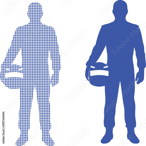 Two blue racing driver silhouettes one pixelated holding helmet