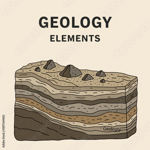 Illustration of layered geological formation with rocky terrain.