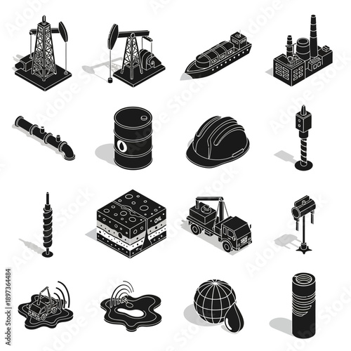 Collection of black and white industrial icons representing various aspects of the energy industry.