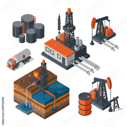 Oil rigs and equipment for petroleum extraction and processing.