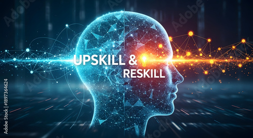 Up skill and personal development concept. employee pointing arrow to upskill or reskill, kill training, education, learning, ability, knowledge and competency for digital transformation