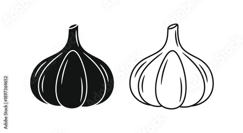 Two garlic bulbs presented in contrasting black and white a bold silhouette