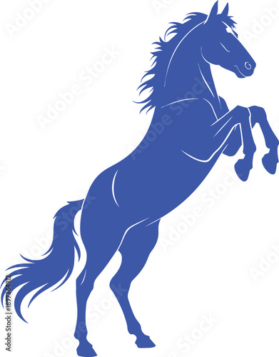 Blue horse rearing on hind legs with flowing mane and tail