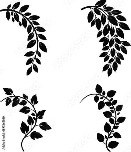 Vector collection of decorative black silhouette curved leaf branches for floral wreath design and botanical nature logo illustration.