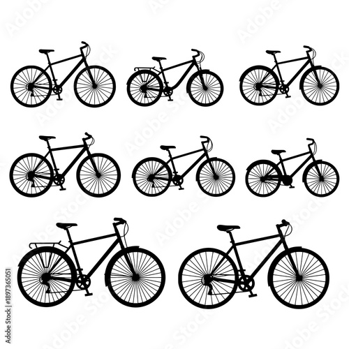 Flat bicycle vector set featuring road mountain city and kids bikes in minimal modern style isolated on white background