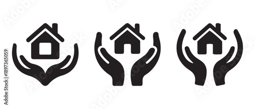 Hands Holding House Icons Set. Protection, Safety, Shelter, Home Care, Real Estate, Support, Trust and Security Concepts.