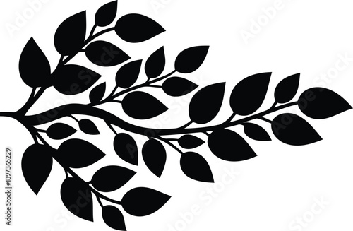 Nature inspired black silhouette vector illustration of curved tree branch with leaves for botanical logo and floral design.