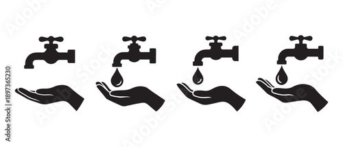 Water Tap Dripping into Open Hand Silhouette Icons. Sequence of Hand Washing Steps, Water Conservation Concept.