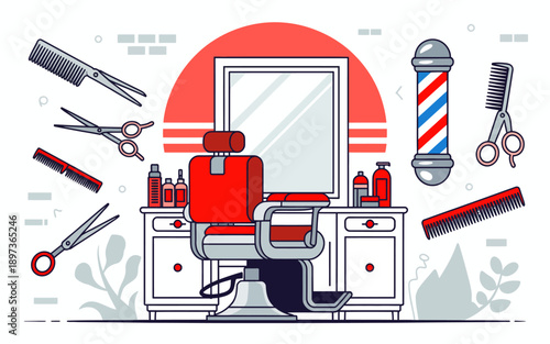 Barber shop interior with tools and equipment for haircut  modern design