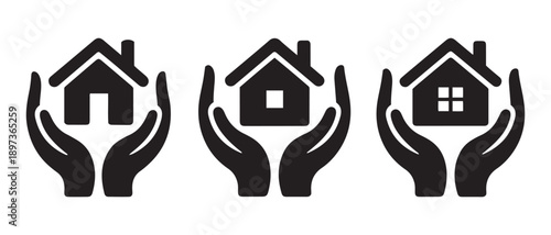 Hands Holding Houses Icons. Symbolizing Protection, Security, and Home Ownership Concepts.