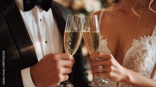 Couple toasting champagne glasses wedding
