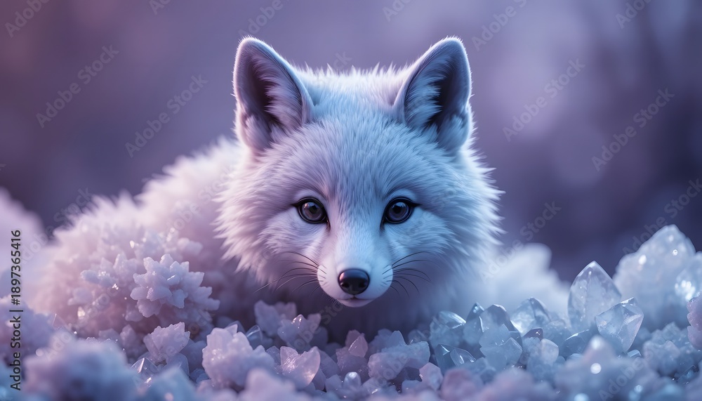 Obraz premium cute arctic fox portrait lying among frozen ice crystals