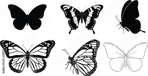 Black and white butterfly silhouette collection featuring monarch and swallowtail species in various flight poses for nature themed graphic design and spring projects