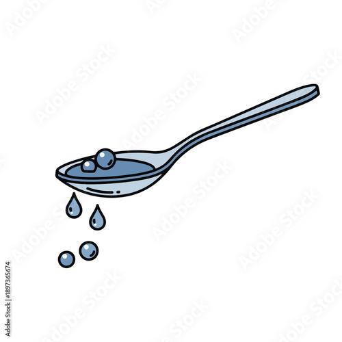 Cartoon Spoon with Dripping Blue Liquid and Drops. Simple Line Art Illustration on White Background.