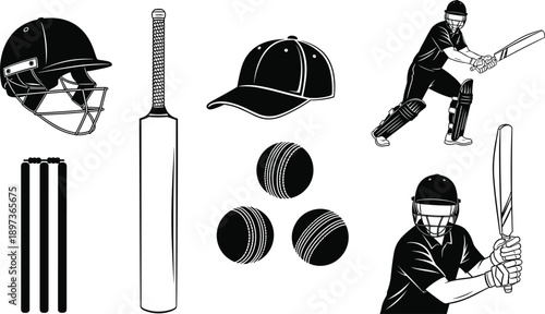Black and white cricket sports equipment collection featuring professional batsman silhouettes with bats and helmets plus leather balls and stumps for team tournament graphics.