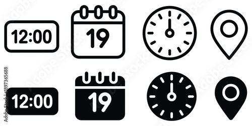 Hand Drawn Address, Clock, and Calendar Icons Vector with Editable Stroke.