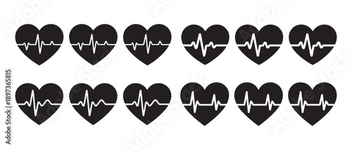 Collection of Heartbeat Cardiogram Icons. in Black Silhouettes, Medical Healthcare Symbols, Pulse Wave.