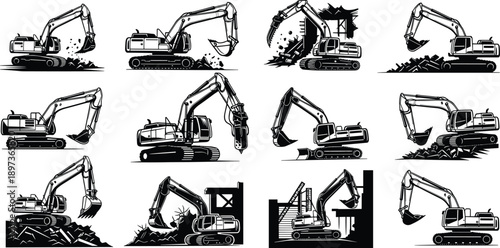 Black and white silhouette collection of heavy excavator machinery working on construction sites and demolition projects for industrial building and civil engineering design graphics.