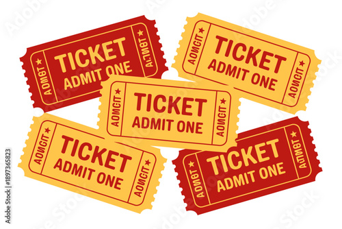Red and yellow movie theater tickets on white background