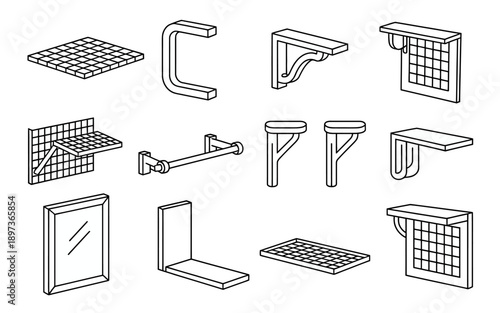 Set of line style graphic design elements for shelves and shelves brackets