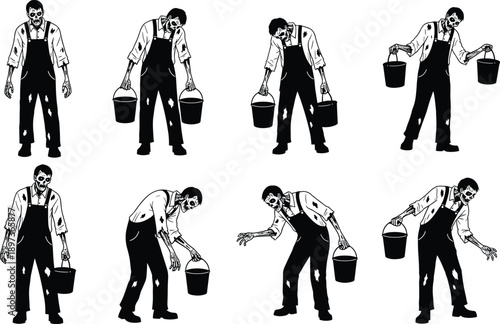 Black and white silhouette collection of spooky zombie farmers in tattered overalls carrying buckets for Halloween horror decorations scary farm and apocalypse themed graphics.