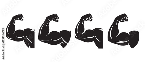 Black Silhouette Flexed Biceps Arms Icons on White Background, Strength and Power Symbols.