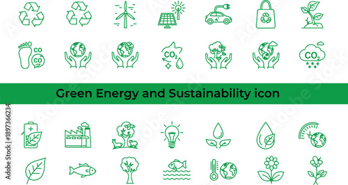 Green energy and sustainability flat icon set for renewable and eco friendly concepts