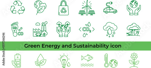 Green energy and sustainability flat icon set for renewable and eco friendly concepts